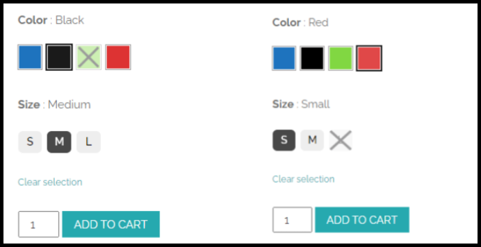 Plugin d'échantillons de variation de couleur ou d'image cross out of stock options